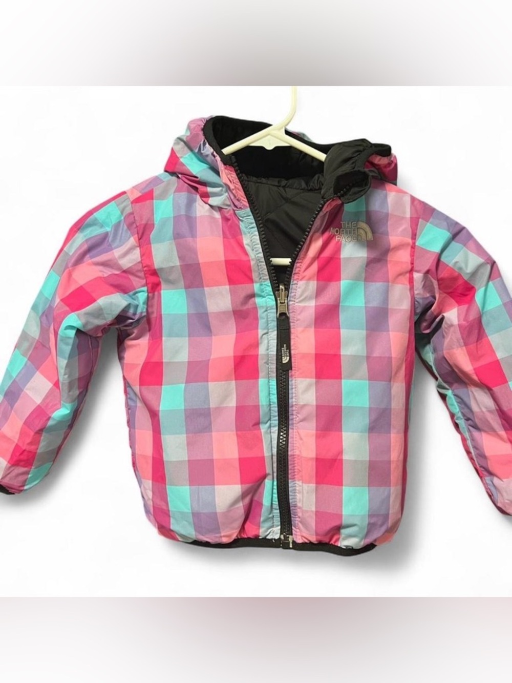The North Face Down Puffer Jacket, Black Reversible to Pink Blue Purple Plaid
